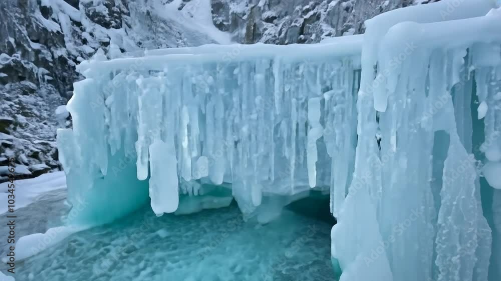Frozen waterfall with snow covered mountains in the background. Frozen waterfall with snow covered mountains in the background.