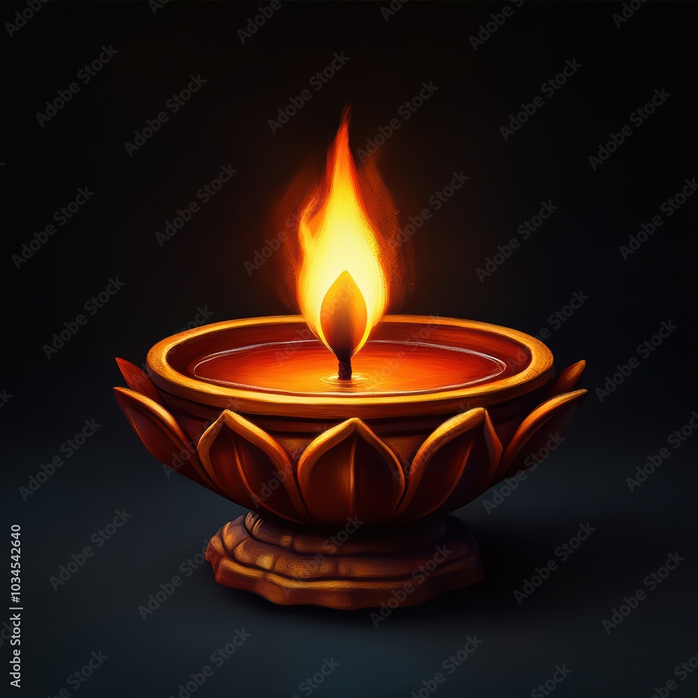 An ornate oil lamp with a vibrant flame against a dark background. An ornate oil lamp with a vibrant flame against a dark background.
