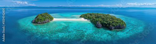 Aerial view of serene tropical islands surrounded by clear turquoise waters and sandy beaches.