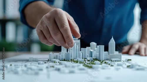 Architect's hand adjusting a model cityscape on the table, showcasing urban planning and design concepts.