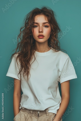 Young Model Smiling and Wearing a Blank T-shirt Standing in Front of a Blue Green Background, Print on Demand Template, Fashion Portrait Mockup, People Wearing Clothing with Print Copy Space