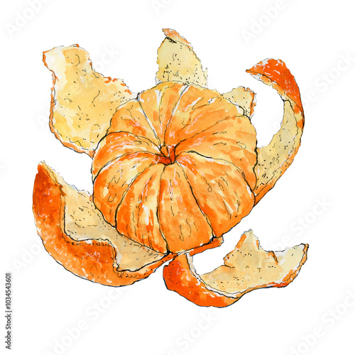 Watercolor illustration of pilled mandarine. Bright and juicy picture. photo