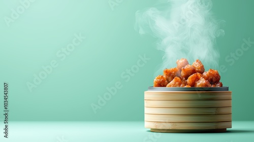 Delicious steamed chicken dumplings in a bamboo basket, with steam rising against a soft green background. photo