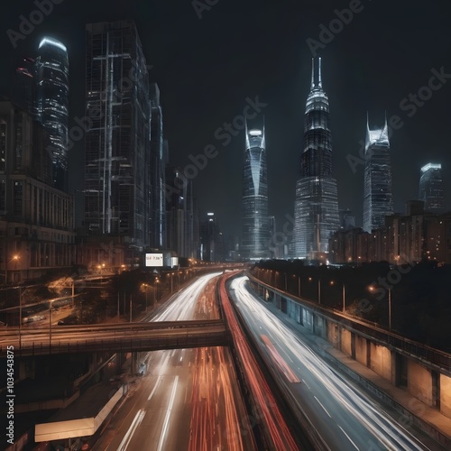 Futuristic Urban Cityscape at Night with Bright Skyscrapers and Digital Billboards