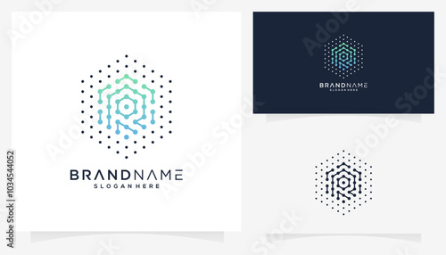 Vector letter R with dot connections in the form of a hexagonal cube icon symbols. Abstract unique monogram logo design inspiration. Gradient colors.