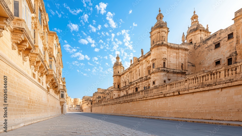 Fototapeta premium Historic architecture under clear blue sky, showcasing intricate designs along a tranquil street.