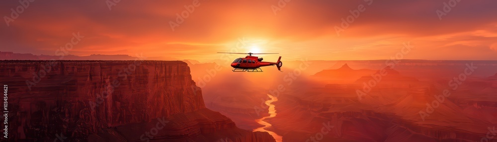 Helicopter flying over the Grand Canyon at sunset with stunning colors and dramatic landscape. Helicopter flying over the Grand Canyon at sunset with stunning colors and dramatic landscape.