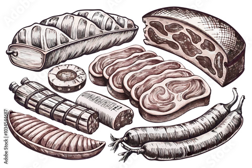 Vector illustration of fresh raw meat products like steak, ribs, and ham for butcher or cooking designs