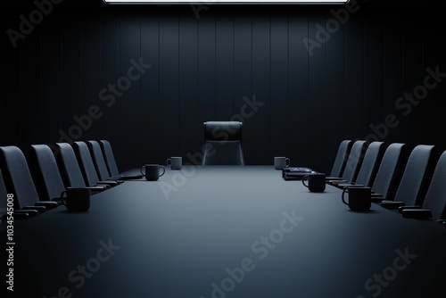 Modern, empty conference room with a large table and chairs, dark walls, and minimal lighting.