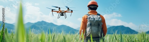 Person observing drone in a field, with mountains in the background under a clear blue sky.