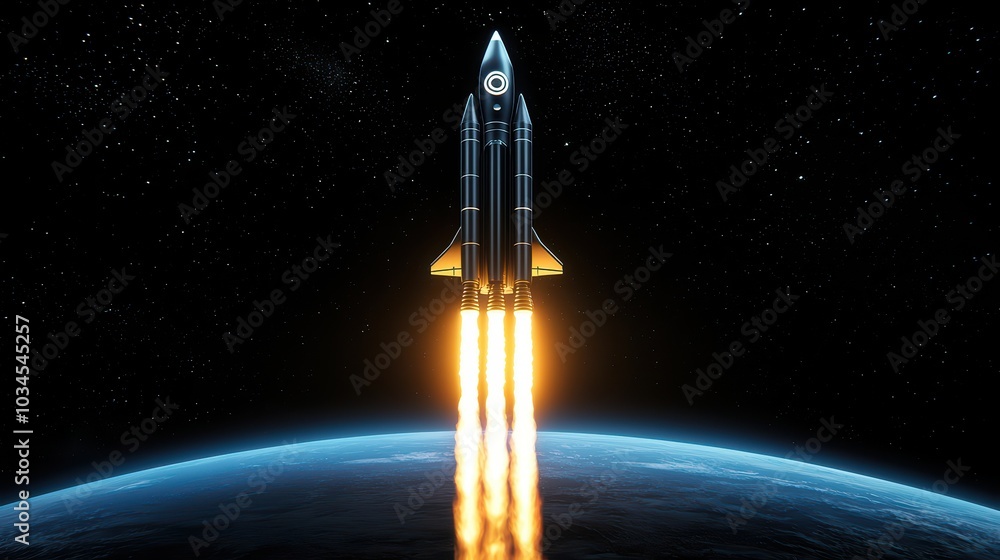 Fototapeta premium Rocket launching into space with vibrant flames against a cosmic backdrop.