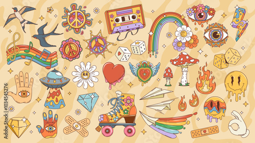 Retro cartoon groovy hippie symbols and elements. Vector flowers, rainbows, hearts and peace signs, happy emojis, good vibe funky mushroom and eyes. Psychedelic UFO, hippy music cassette tape and dice