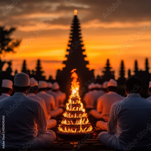 Spiritual gathering with a fire offering at sunset, serene atmosphere among participants in traditional attire. photo