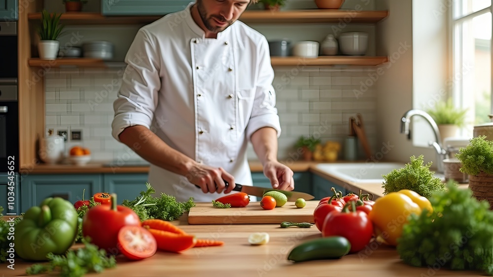 Generative, AI, Chef in white uniform cutting herbs on a wooden board in a sunlit kitchen with fresh vegetables around.
Generative, AI, Chef in white uniform cutting herbs on a wooden board in a sunlit kitchen with fresh vegetables around.