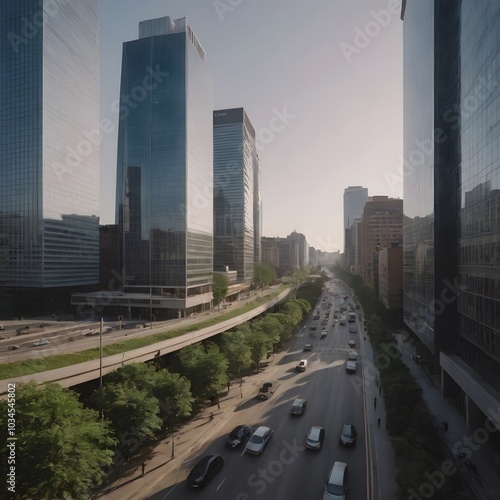 Panoramic Daytime View of Modern City with Glass High-Rises and Bustling Streets