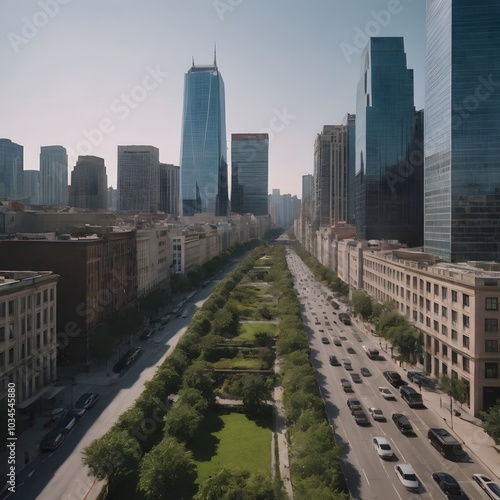 Panoramic Daytime View of Modern City with Glass High-Rises and Bustling Streets