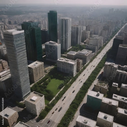Panoramic Daytime View of Modern City with Glass High-Rises and Bustling Streets