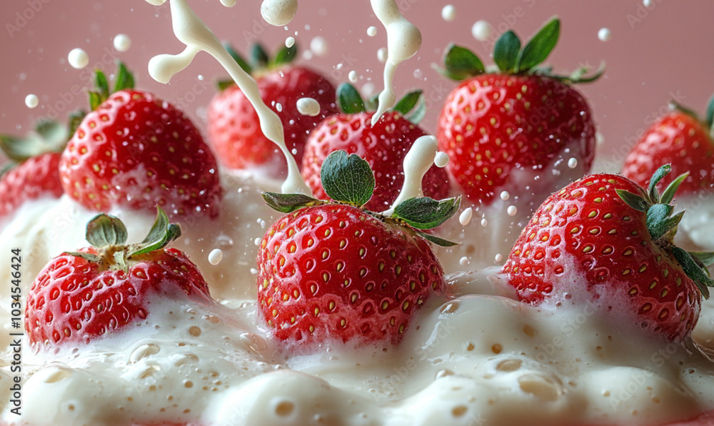 many strawberries exploding from milk, soaring in the air, pink background, studio lighting many strawberries exploding from milk, soaring in the air, pink background, studio lighting