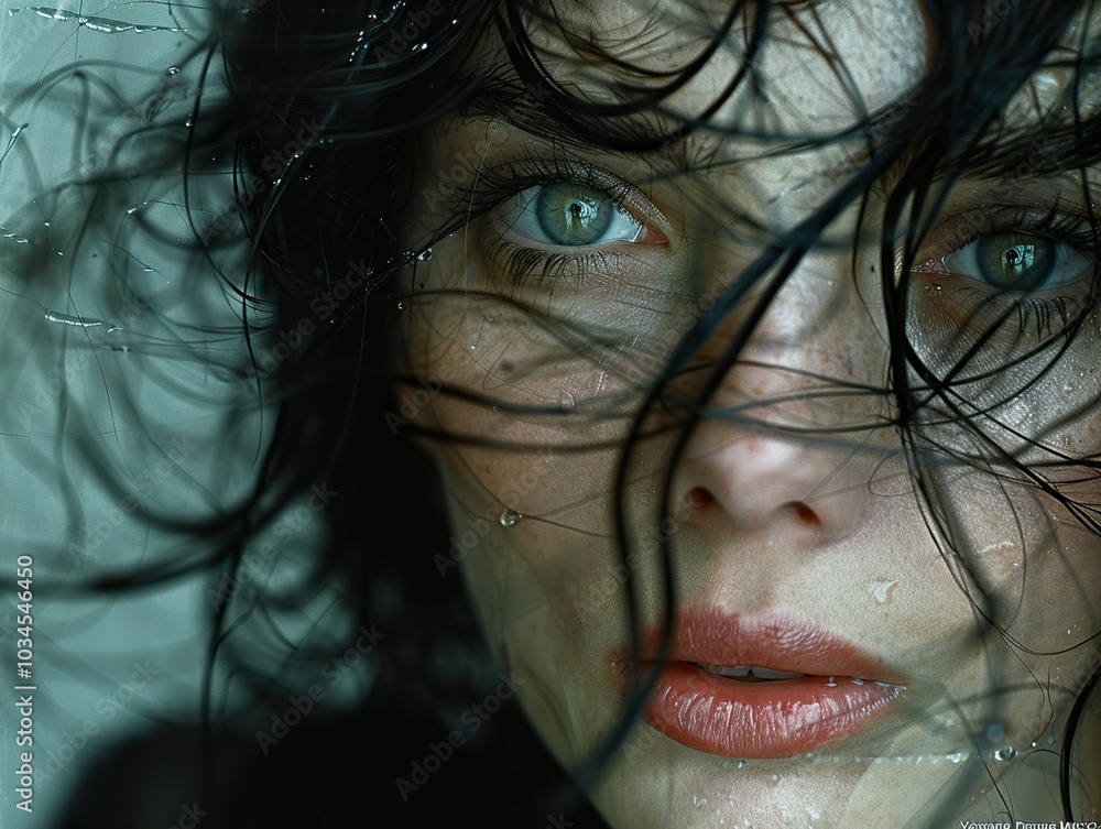 Close-Up Portrait of a Woman with Wet Hair and Green Eyes Close-Up Portrait of a Woman with Wet Hair and Green Eyes