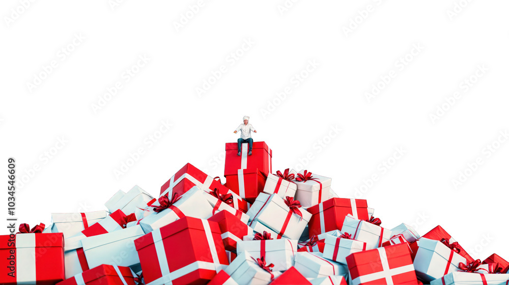 Small figure sitting on a mountain of red and white gift boxes, holiday abundance concept, isolated on black background Small figure sitting on a mountain of red and white gift boxes, holiday abundance concept, isolated on black background
