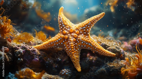 A vibrant orange starfish with white dots rests on a bed of colorful coral and sea anemones.