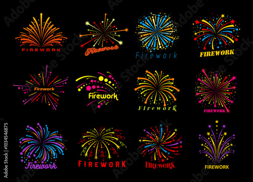 Carnival event firework icons, birthday holiday and fiesta party firecrackers. Vector explosions of New Year fireworks, confetti and Christmas firecracker with rainbow star lights, sparkles, streamers