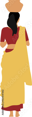 Indian village woman wearing sari carrying water on her head