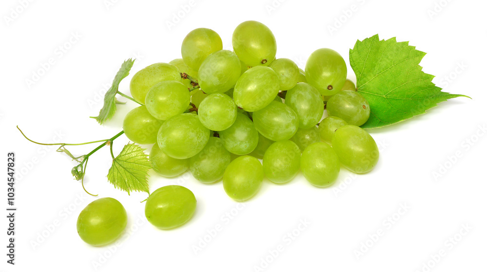 Green grapes with leaves isolated on white background Green grapes with leaves isolated on white background