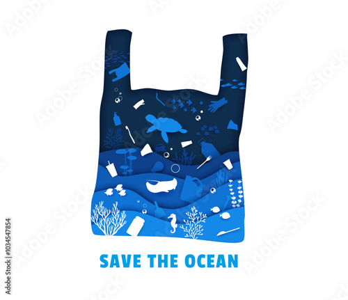 Plastic bag and waste on the sea bottom, environment concept. Paper cut banner of plastic bag vector silhouette with 3d origami layered blue waves, garbage and sea animals, ocean fish, turtle, seaweed