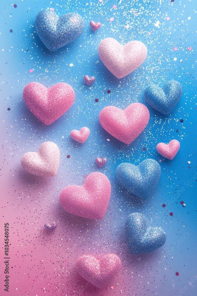 Fototapeta premium Colorful, sparkling hearts in pink and blue create a whimsical display, perfect for celebrations of love and affection.