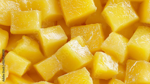 a close-up, top-down view of cubed pineapple chunks coated in a glossy gelatin glaze, filling the entire frame