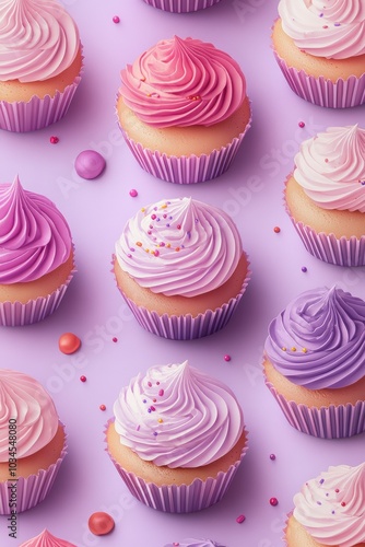 Colorful cupcakes with swirled frosting in shades of pink and purple, arranged on a lilac background, creating a vibrant and inviting dessert display.