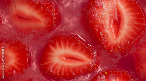 a close-up, top-down view of sliced strawberries submerged in a clear, glossy jelly photo