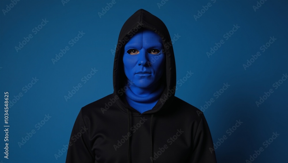 Blue-masked veiled individual with hood on blue studio backdrop Blue-masked veiled individual with hood on blue studio backdrop
