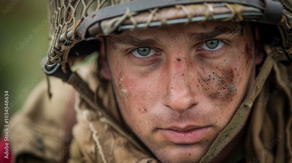 Close-up portrait of a young man in military uniform, his face smudged with dirt, showing the intensity of wartime. Close-up portrait of a young man in military uniform, his face smudged with dirt, showing the intensity of wartime.