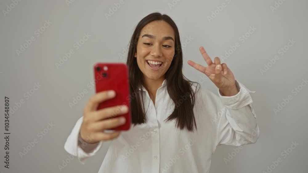 Young woman taking selfie with red smartphone, smiling and making peace sign at home Young woman taking selfie with red smartphone, smiling and making peace sign at home
