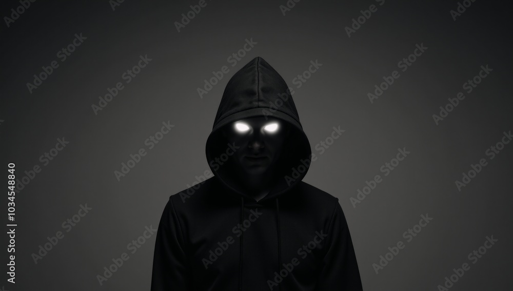 A hooded figure with glowing eyes against a dark backdrop A hooded figure with glowing eyes against a dark backdrop