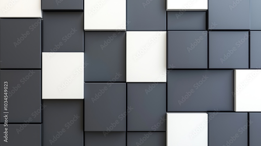 A modern abstract wall design featuring alternating black and white rectangular panels with a sleek, minimalist aesthetic. A modern abstract wall design featuring alternating black and white rectangular panels with a sleek, minimalist aesthetic.