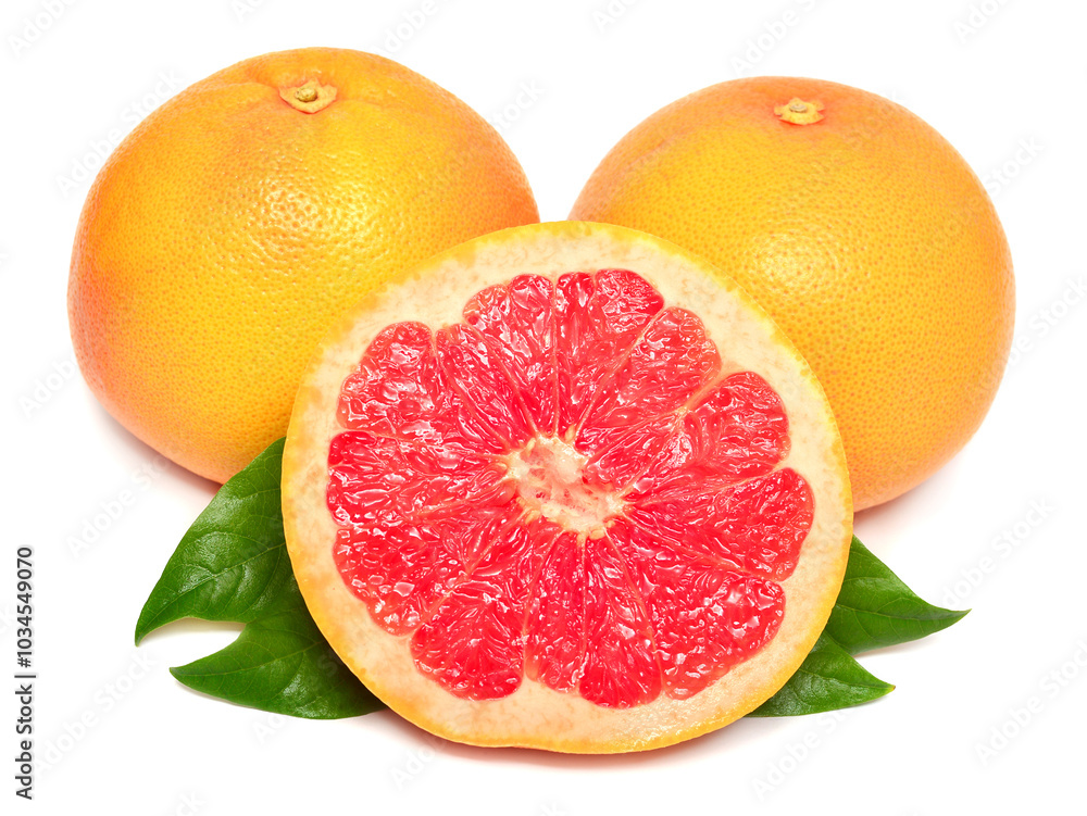 Fresh grapefruit whole and slices with leaves isolated on white background Fresh grapefruit whole and slices with leaves isolated on white background