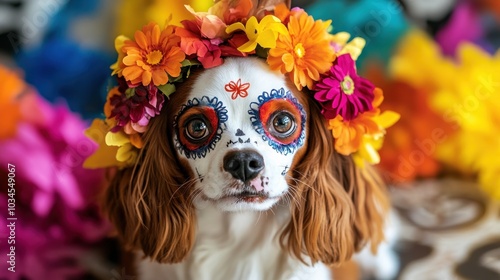 A charming dog wearing a multi-colored flower wreath and sugar skull face paint is surrounded by festive Dia de los Muertos decorations capturing the spirit of this cultural celebration