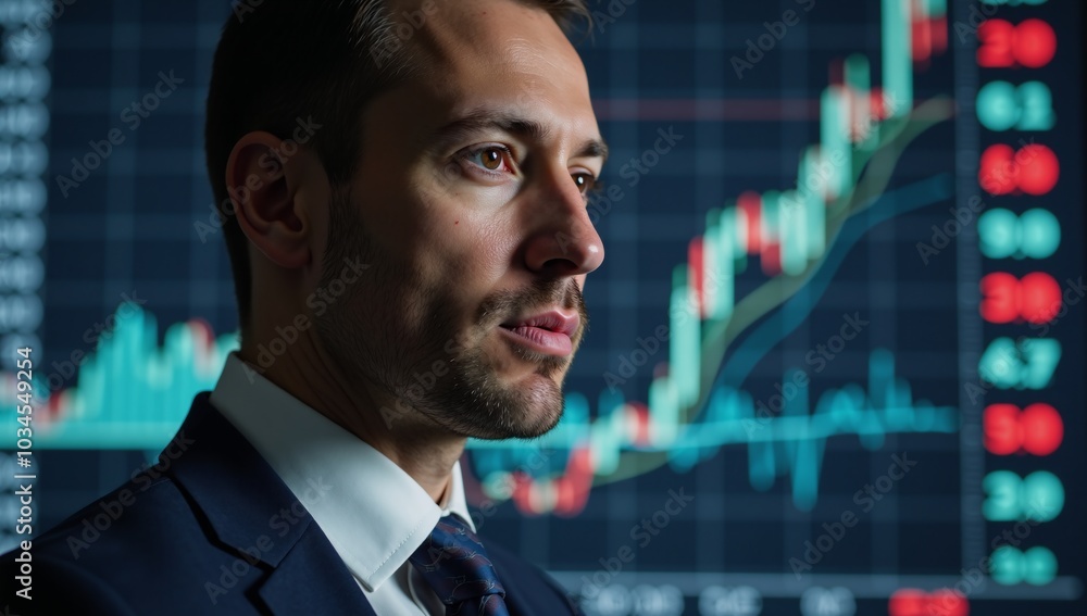 Profile view of mans head surrounded by stock market graphs Profile view of mans head surrounded by stock market graphs