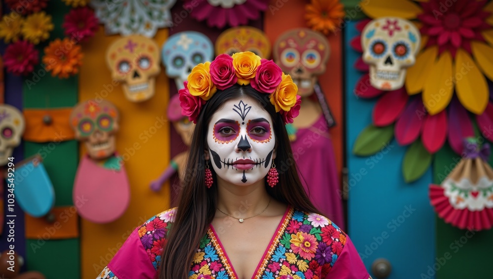 A Day of the Dead-themed image featuring a Mexican holiday pattern focused on vibrant background details while providing ample room for text or other elements selective focus A Day of the Dead-themed image featuring a Mexican holiday pattern focused on vibrant background details while providing ample room for text or other elements selective focus