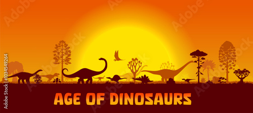 Dinosaurs silhouettes on sunset landscape. Prehistoric animals on dusk background with trees and plants. Vector dino species and flying pterosaur shadows in front of large sun in evening orange sky