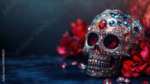 A striking sugar skull decorated with vibrant gems rests on a dark background surrounded by hints of red flowers embodying the essence of Dia de los Muertos