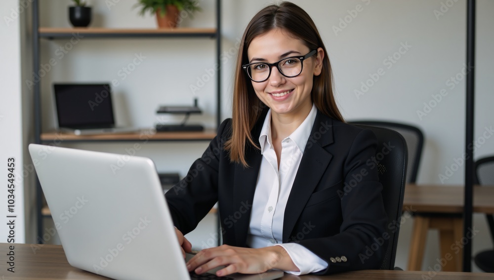 Professional African-American businesswoman confidently works on her laptop in an office setting while dressed in a suit and glasses Professional African-American businesswoman confidently works on her laptop in an office setting while dressed in a suit and glasses