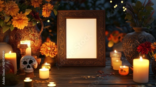 A beautifully crafted wooden frame stands empty surrounded by glowing candles vibrant flowers and traditional decorations for Dia de los Muertos creating a warm and inviting atmosphere