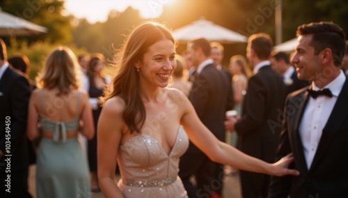 Golden Hour captures blurred backdrop of elegant event with dancing socializing guests under soft light