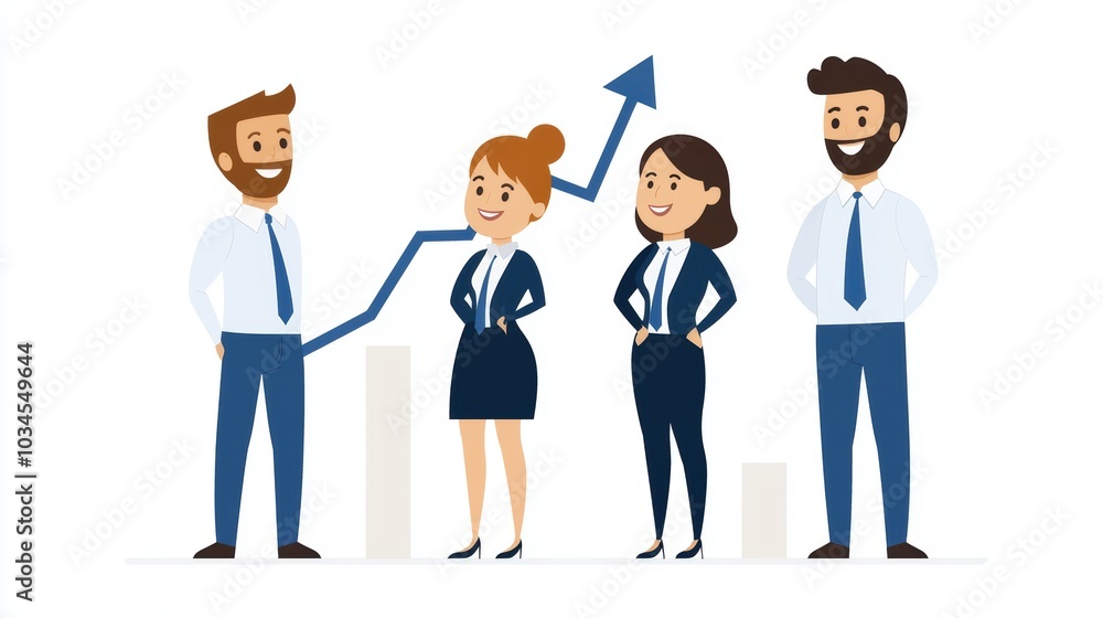 A group of four cartoon business professionals celebrating growth, with an upward trend line symbolizing success and achievement. A group of four cartoon business professionals celebrating growth, with an upward trend line symbolizing success and achievement.