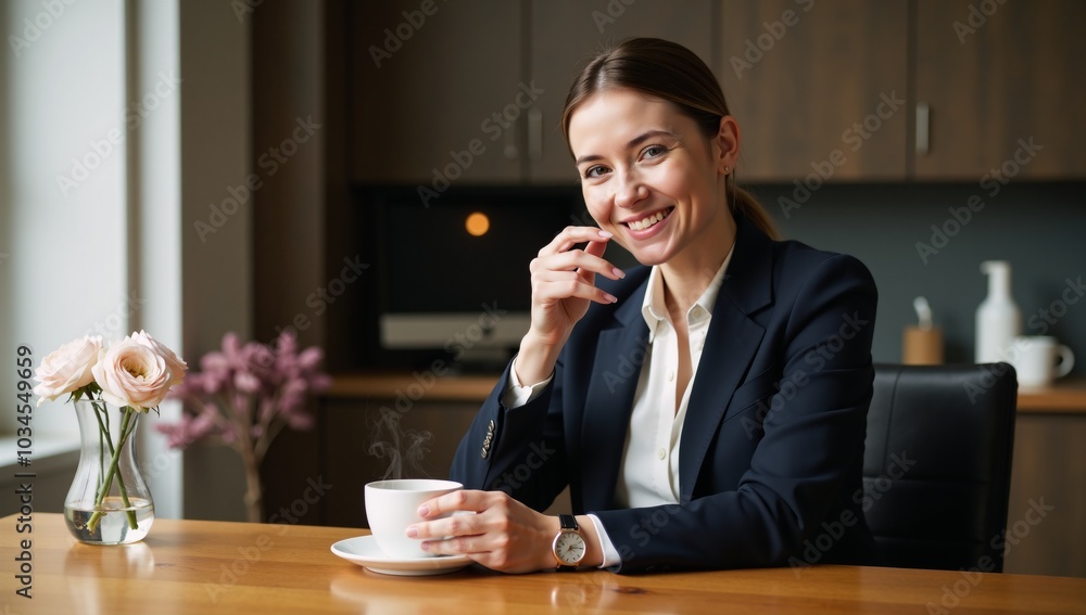 A cheerful businesswoman drinks coffee at work with a smile while seated at a table in an elegant office setting