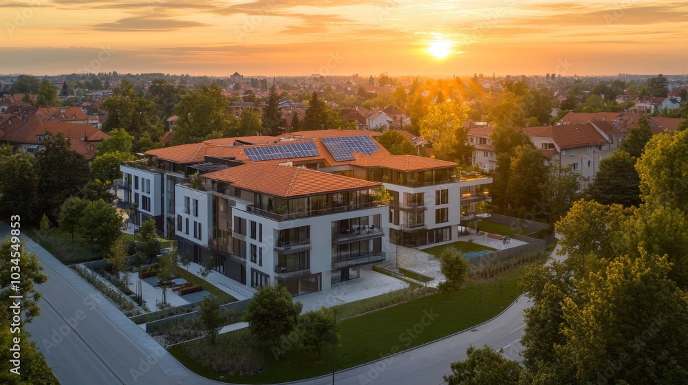 Sustainable Urban Living, Eco-Friendly Architecture: A Modern Apartment Complex with Solar Panels, Aerial View of a Passive House with Green Roof Sustainable Urban Living, Eco-Friendly Architecture: A Modern Apartment Complex with Solar Panels, Aerial View of a Passive House with Green Roof